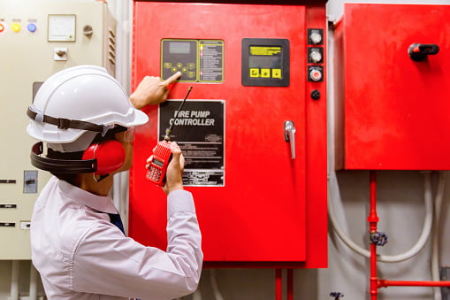 fire detection Engineer checking Industrial fire control system,Fire Alarm controller, Fire notifier, Anti fire.System ready In the event of a fire.