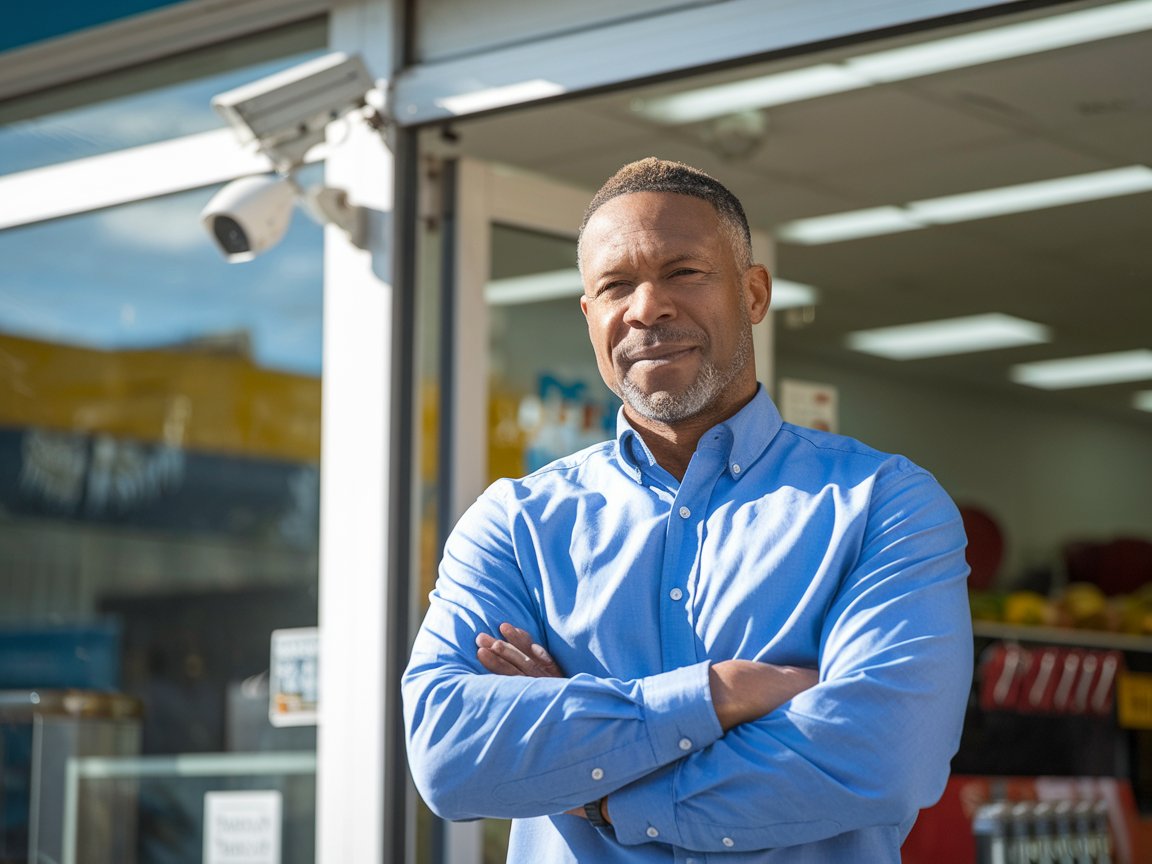 closed circuit television business Cleveland business owner stands confidently outside his store with closed circuit television security camera.
