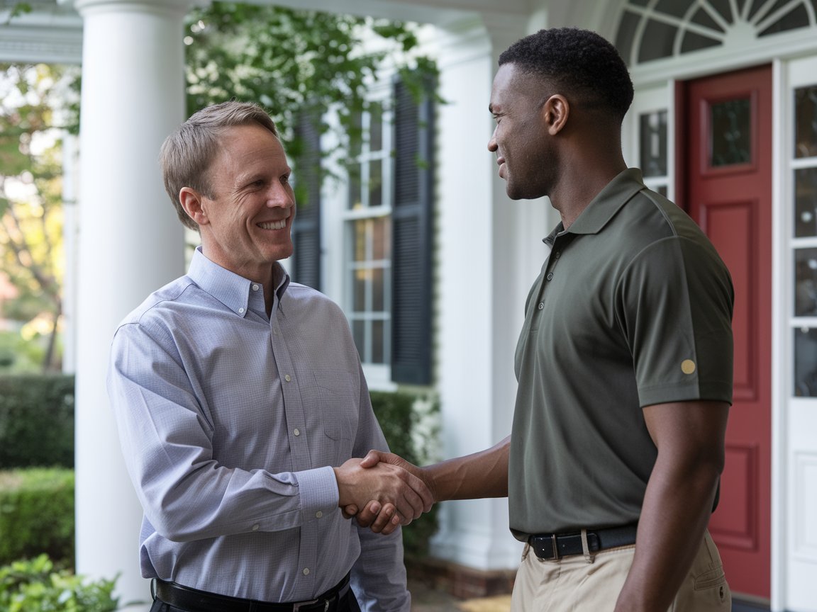 closed circuit television technician Security expert and satisfied client after closed circuit television installation on residential front porch
