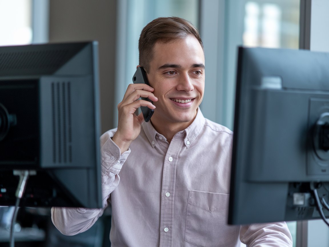 Cleveland security monitoring professional smiling during phone call in modern office environment