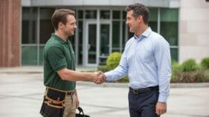 Medical office fire safety systems technician shaking hands outside a facility